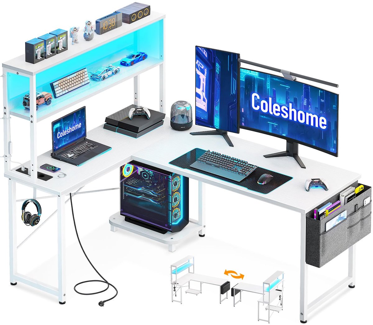 SnelShoppen - L-vormig Gamingbureau met LED Verlichting en Stopcontacten, Reversibel Gamer Bureau met Planken, Hörnbureau met Opbergtas en Haak voor G
