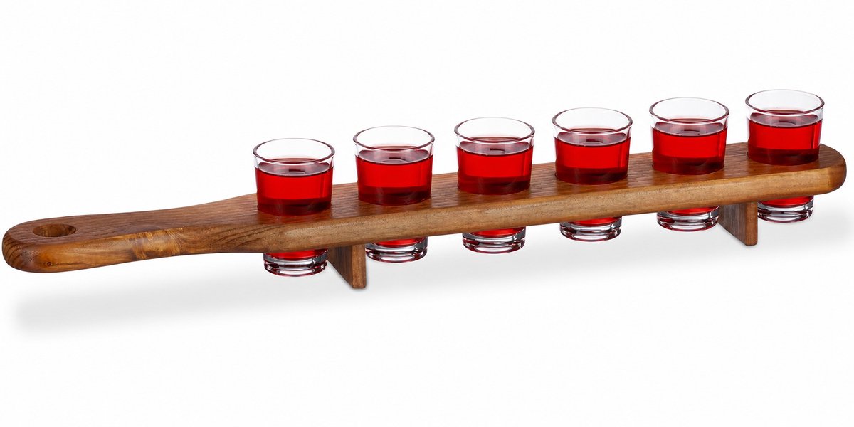 Houten Plank met 6 Shotglaasjes - 45 x 7 x 7 cm - Borrelglaasjes