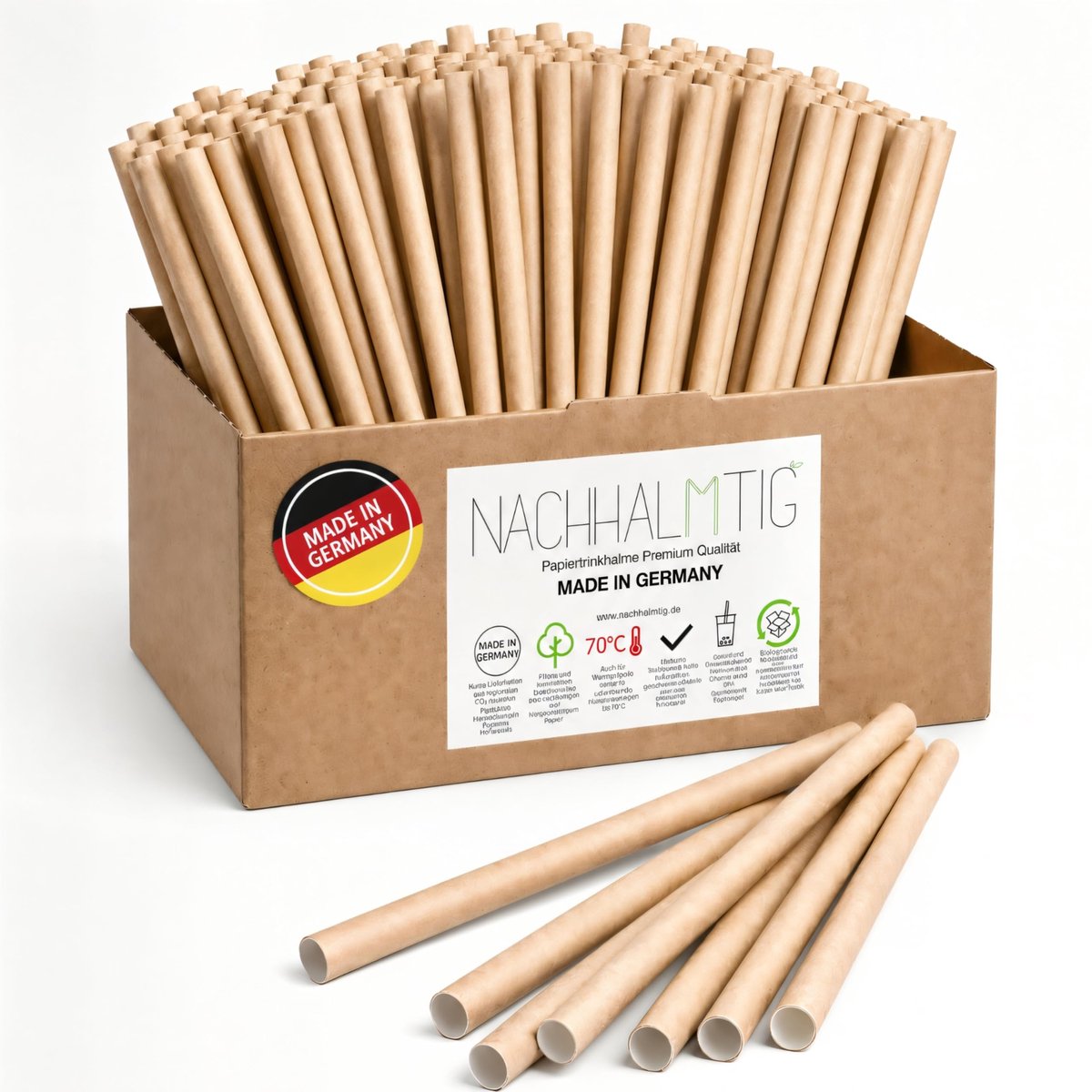 SnelShoppen - Papieren Rietjes Bruin 8mm x 210mm - 250 Stuks - Duurzame Rietjes voor Feesten, Camping, Keuken en Kinderen - Made in Germany