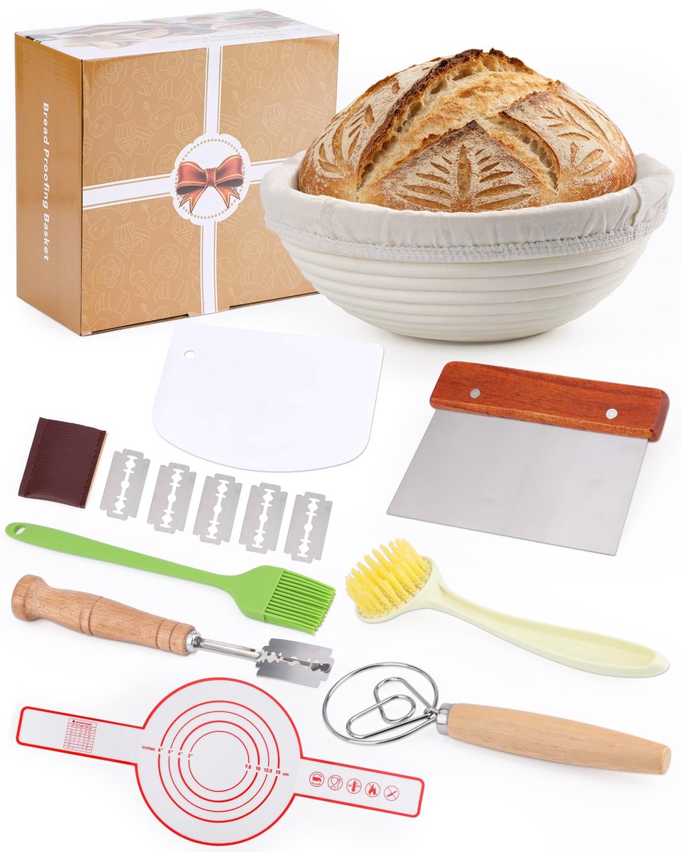 SnelShoppen - 9 Delige Rijsmandje Set voor Brood Bakken, Ronde Rijsmand 23cm met Stoffen Voering, Inclusief Schraper, Snijmesje, Inlegdoek en Accessoi