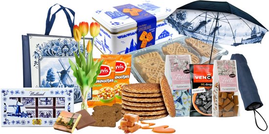 Cadeaupakket met Delfts blauw, tulpen, stroopwafels, speculaas, chocolade, snoepjes en molenparaplu.
