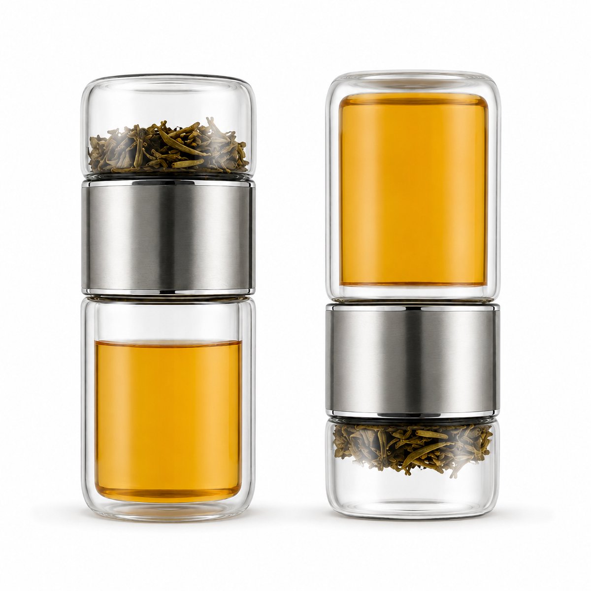 VHV - Thee waterfles - Theebeker - Infuser fles - Dubbelwandig borosilicaatglas - Met RVS filter - Lekvrij - Voor onderweg en kantoor - 360 ml - Inclusief beschermhoes - 2PCS - Zilver