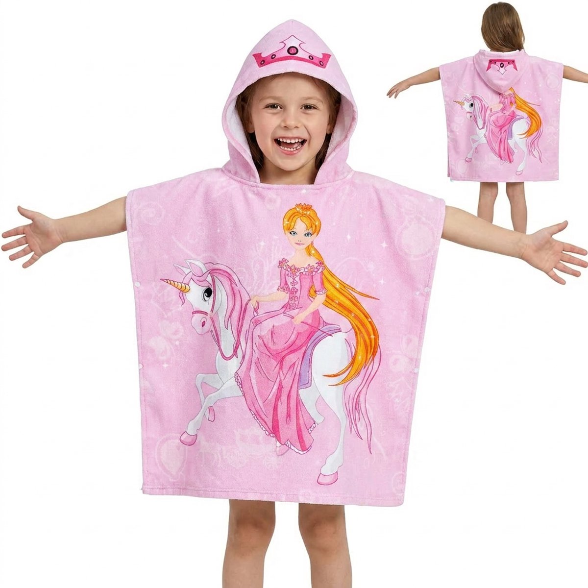 Poncho Handdoek Prinses met Eenhoorn – Kinder Badponcho met Capuchon – Strandponcho – Badcape – Sneldrogende Strandhanddoek – Roze – Polyester – Meisjes – Vanaf 3 Jaar