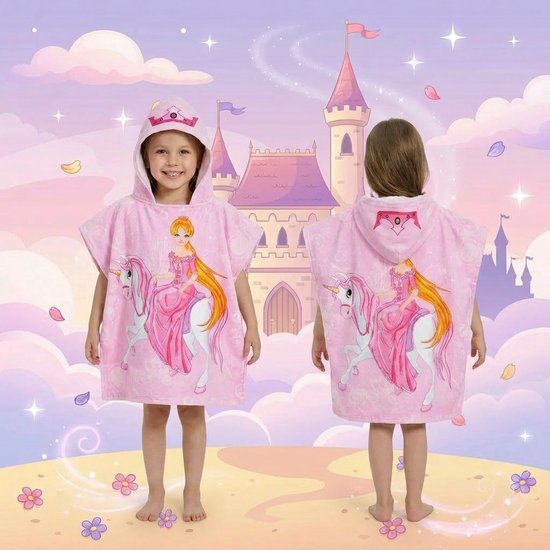 Poncho Handdoek Prinses met Eenhoorn - Kinder Badponcho met Capuchon - Strandponcho - Badcape - Sneldrogende Strandhanddoek - Roze - Polyester - Meisjes - Vanaf 3 Jaar — afbeelding 2