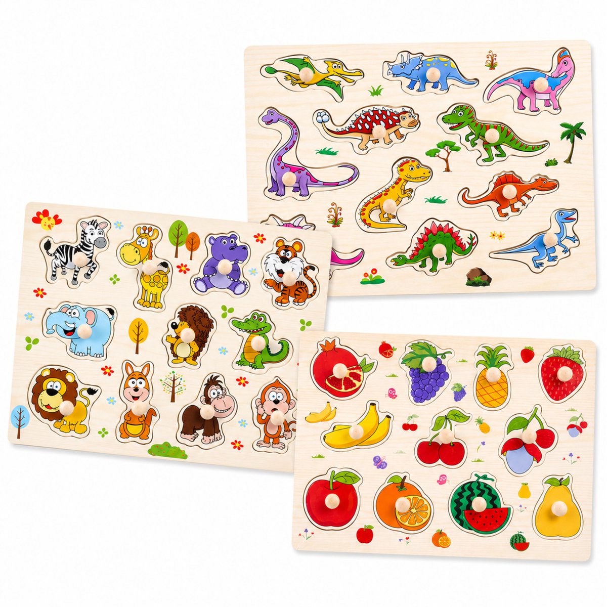Teedz Houten Puzzel Set – 3-in-1 Kinderpuzzels | Dieren, Dinosaurussen & Fruit | Houten Knoppuzzel | Educatief Speelgoed | Montessori | Vanaf 3 Jaar