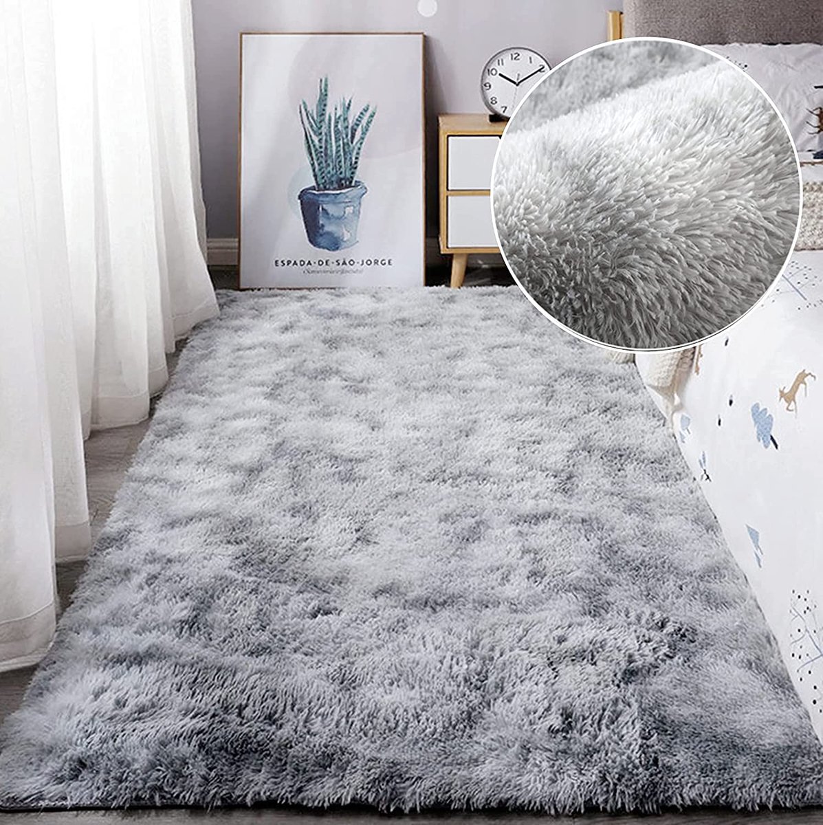 SnelShoppen - Modern Shaggy Vloerkleed voor Woonkamer en Slaapkamer - Zacht Antislip Tapijt voor Kinderen en Jongeren - Grijs/Wit 80 x 120 cm