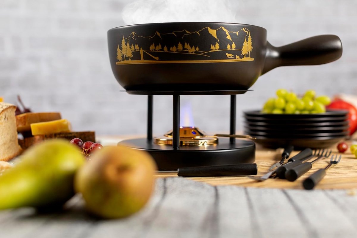 Kaasfondue set - Fonduepan met toebehoren - Gezellig eten - Handgemaakt van klei - 23 cm - Bruin – foto 5