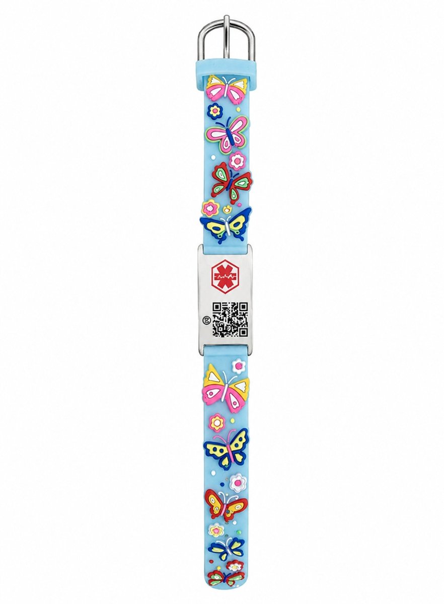 BeSafeCharm Medische QR Kinderarmband | Vlinders | Inclusief 1 jaar toegang tot online medisch profiel | Verstelbaar 13 tot 16,5 cm