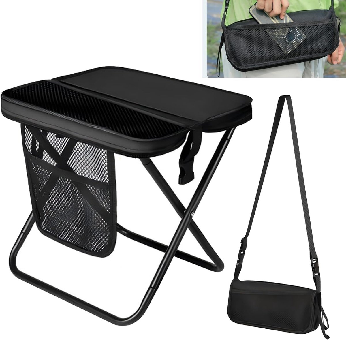 Bobypet - Campingkruk - opvouwbare buitenkruk – Ultralichte - opvouwbare rugzak-kruk inclusief tas en draagriem voor trekking, reizen, vissen, festivals en tuinieren (zwart)