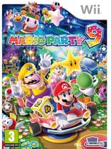 Mario Party 9 pour la Wii avec Mario, Luigi, Peach, Yoshi, Wario, Toad et Bowser Jr. sur une boîte de jeu colorée avec des étoiles et des éléments festifs.