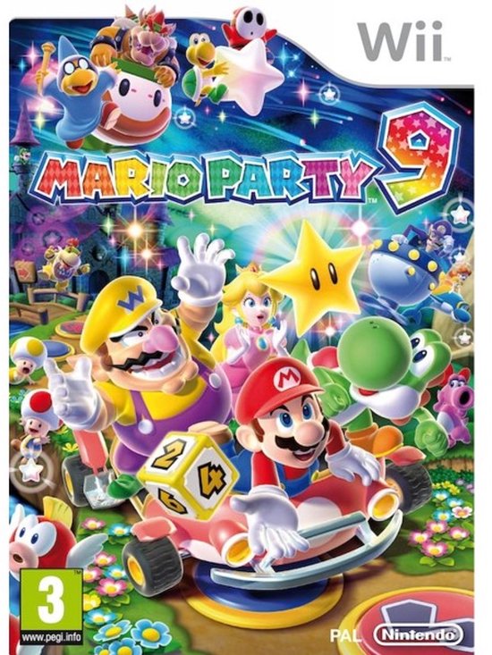 Mario Party 9 pour la Wii avec Mario, Luigi, Peach, Yoshi, Wario, Toad et Bowser Jr. sur une boîte de jeu colorée avec des étoiles et des éléments festifs.