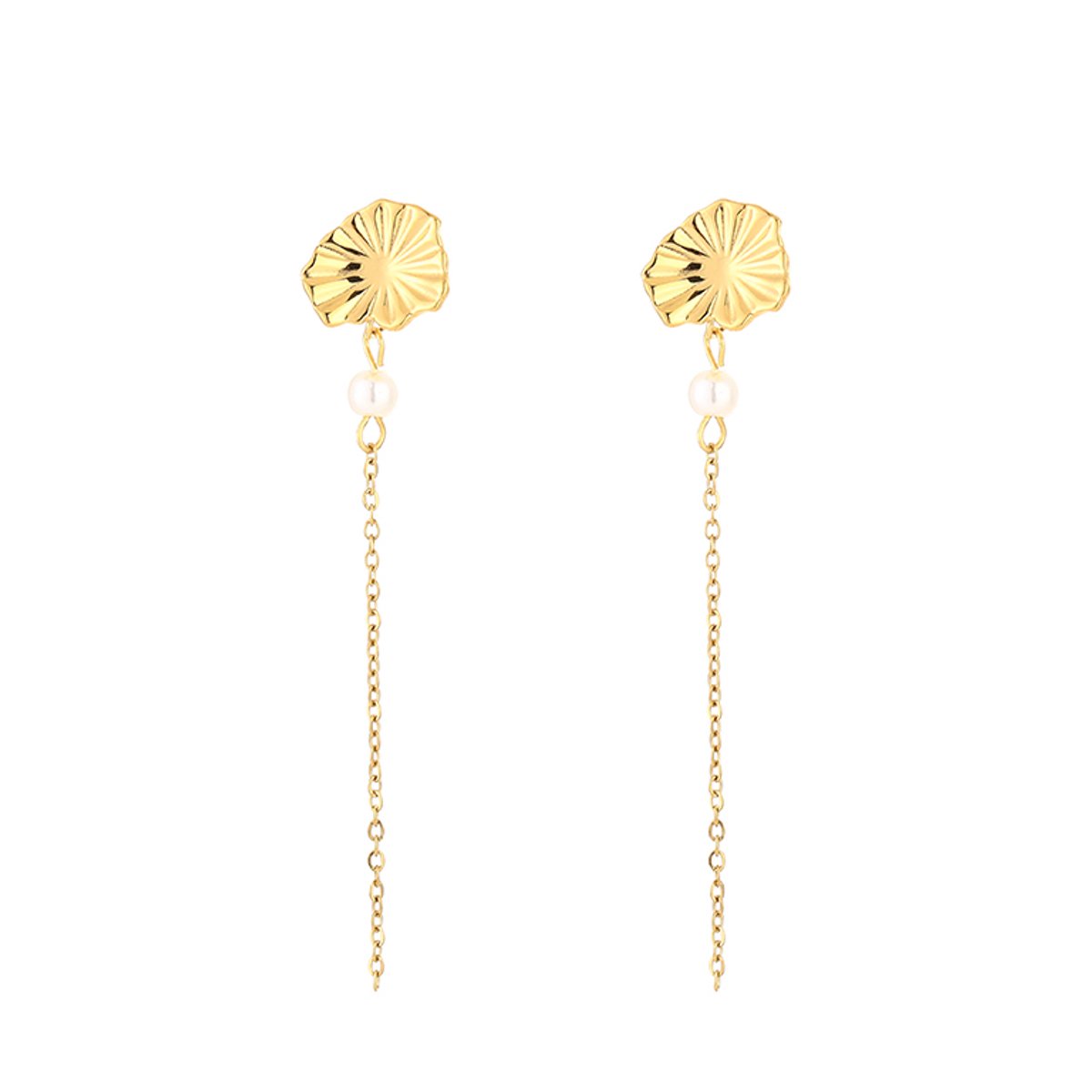 Stainless Steel Geverflijnde Bloem & Parel Kettingsleper Oorhangers – Luxe Lineaire Oorbellen – RVS - Goud