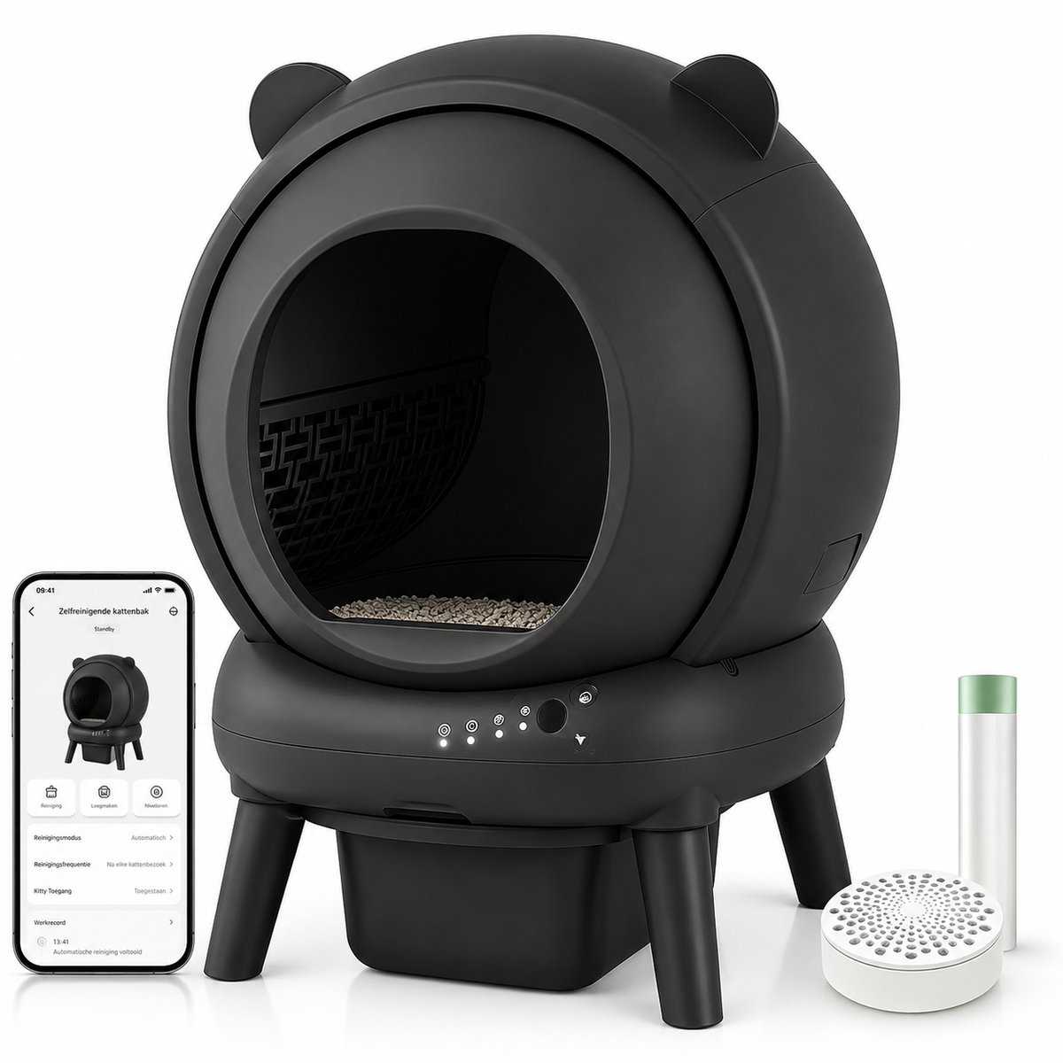 ITRONIQ Automatische Kattenbak Zelfreinigend Met App - Zelfreinigende Kattenbak 65 Liter - Geurvrij - Stil 40 dB - Zwart