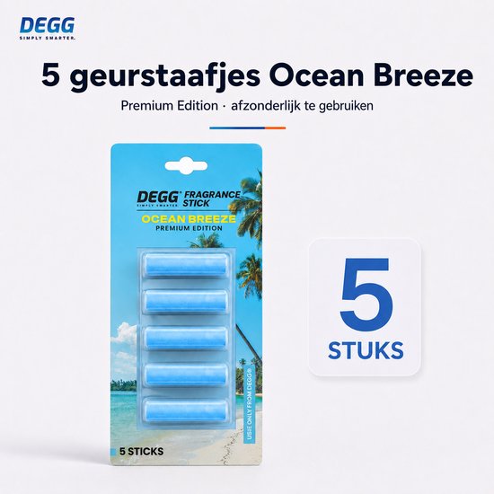 Verpakking met 5 blauwe geurstaafjes 'Ocean Breeze' van DEGG.