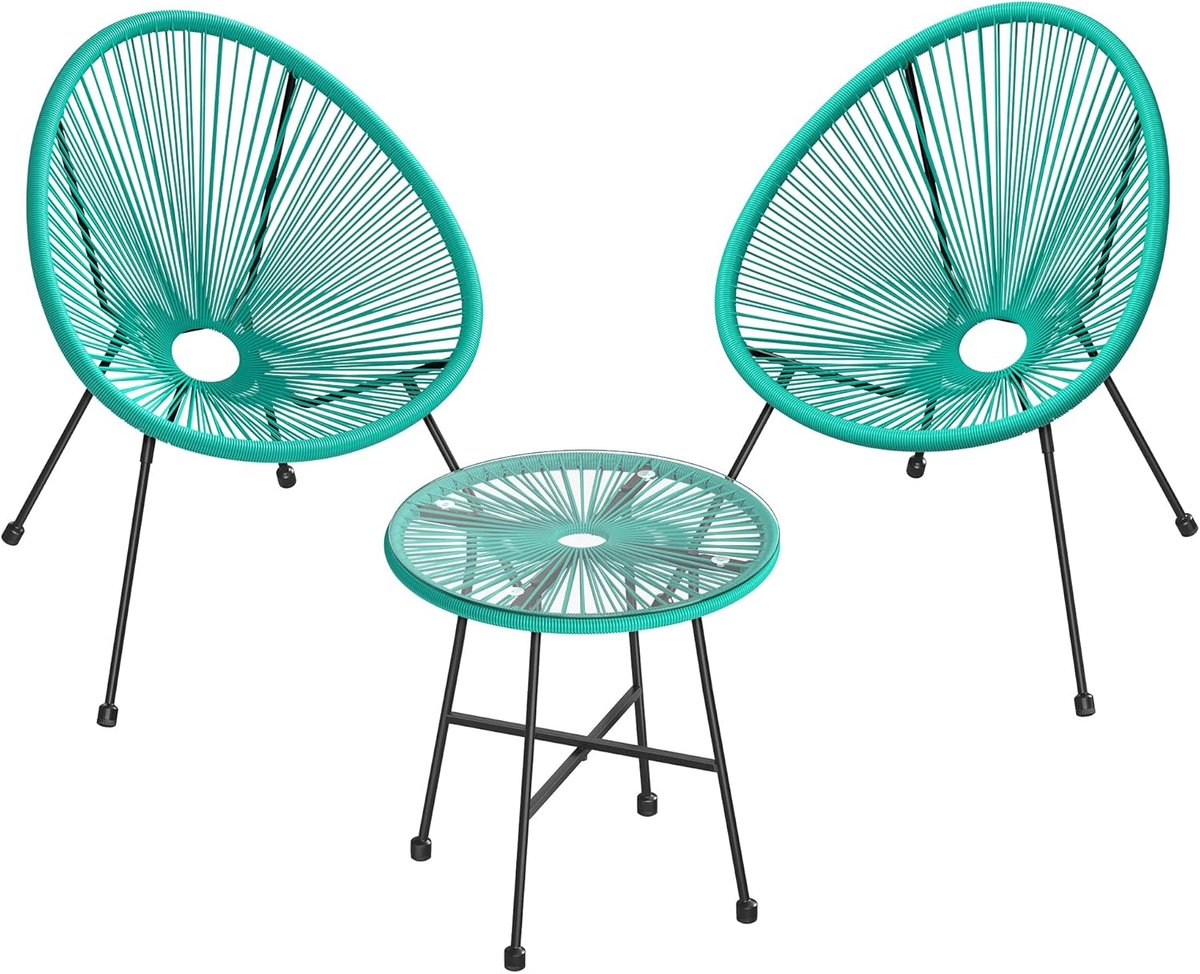 SONGMICS Tuinset - balkonset - bistroset - set van 3 terrasmeubels - 2x acapulco stoelen, met glazen tafel - turquoise