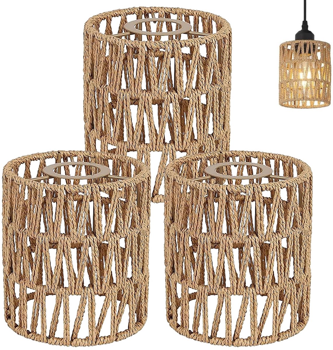 SnelShoppen - 3 stuks Boho Rotan Lampenkap E27 Klein - Papieren Lampenkappen voor Staande Lamp, Tafellamp, Hanglampen - 11,5 x 15 cm