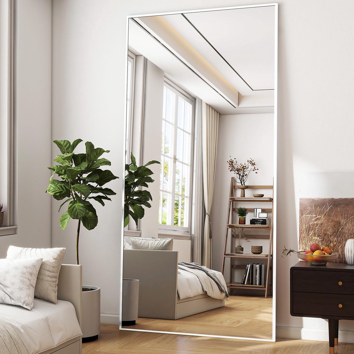 SnelShoppen - Extra grote full-body spiegel 180 x 76 cm, staande vloerspiegel in wit, hangend of leunend aan de muur, ideaal voor slaapkamer, woonkame