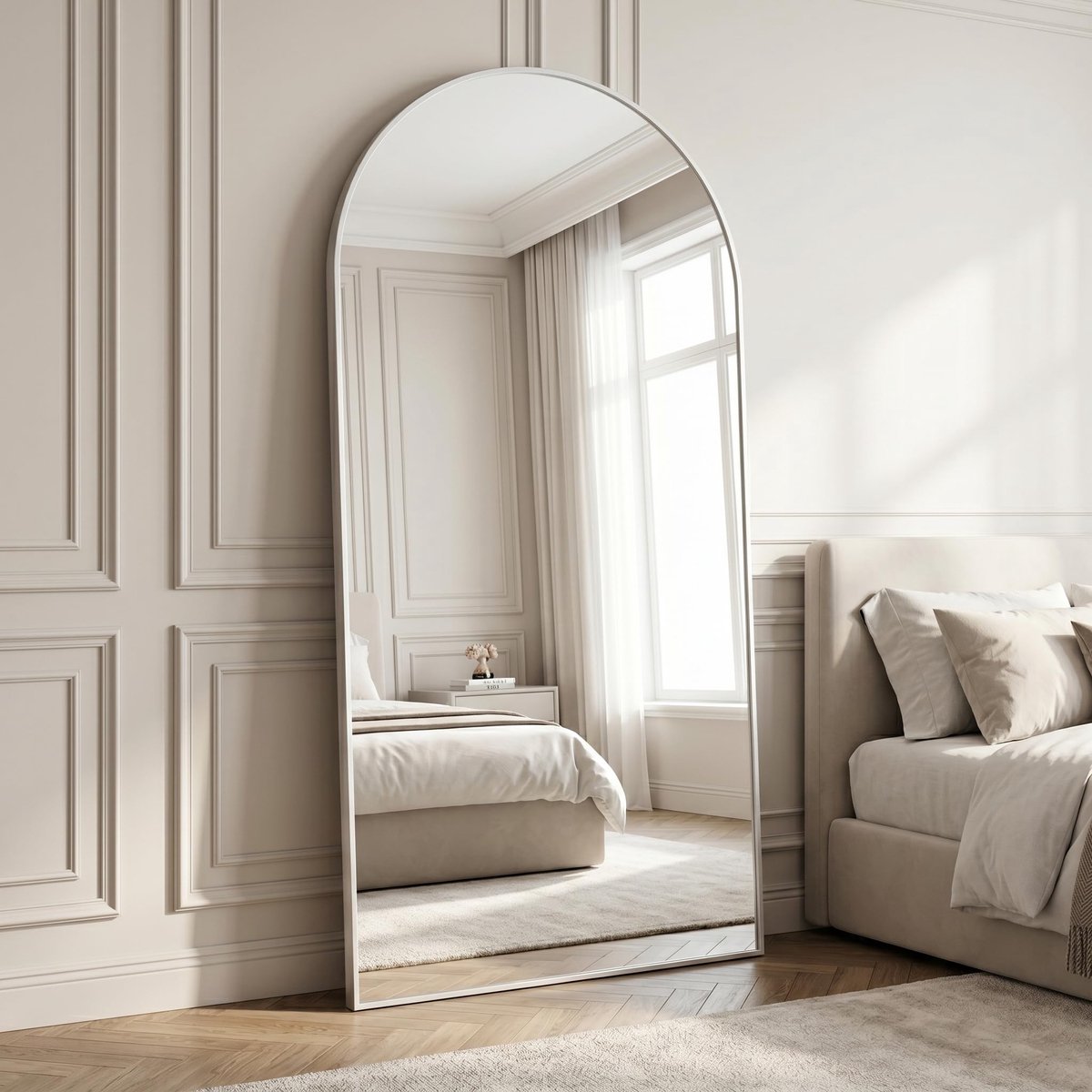 SnelShoppen - Grote boog full-body spiegel 180 x 76 cm - Gebogen staande spiegel - Hangend of leunend aan de muur - Vloerspiegel met standaard - Wit v