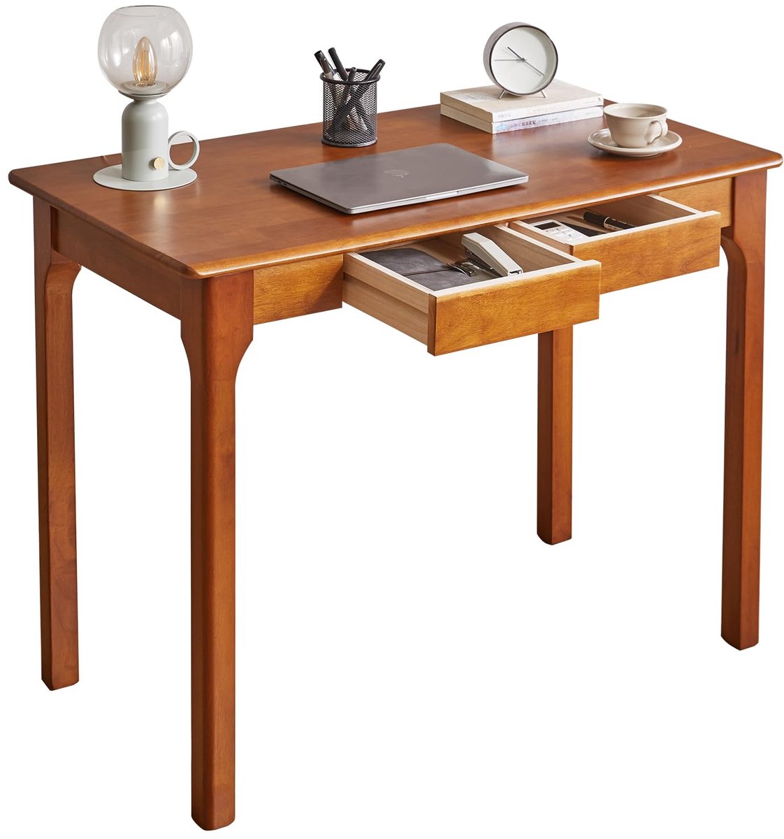 SnelShoppen - Massief Houten Bureau met 2 Lades, 100 cm Gaming-, Studie- of Kantoortafel, Donkerbruin PC-Bureau voor Studenten en Kleine Ruimtes, Comp