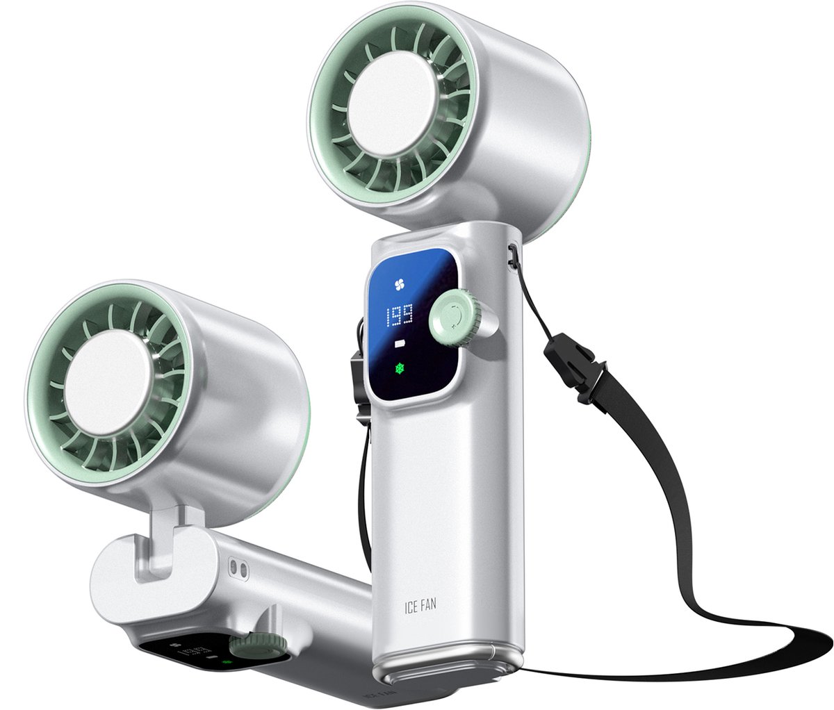 Draagbare handventilator met halfgeleidertechnologie, led-display en traploze snelheidsregeling; een opvouwbare mini-aircoventilator (wit).