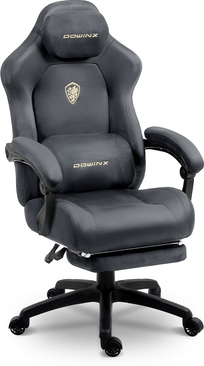 Dowinx Gamingstoel Ergonomische Bureaustoel - Microvezelvelours - Lendensteun en Voetensteun - 160° Kantelbaar - Thuiswerk - 70 x 66 x 128,5 cm - grijs