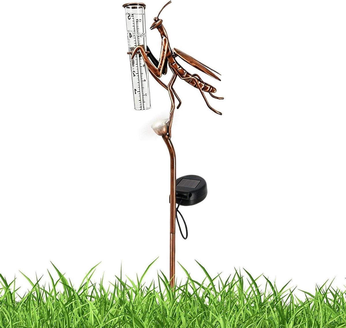 Regenmeter Bidsprinkhaan - Tuindecoratie Meter - Tuinonderhoud - Zonne-energie Verlichting - 335 x 14 x 65 cm - Groen