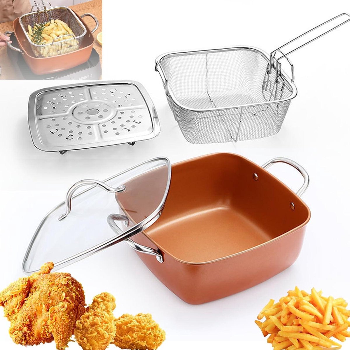 Friteuse met Mand - Kleine friteuse Antiaanbakpan - Snelle maaltijden bereiden - 2-in-1 functie - 24 cm - Zilver