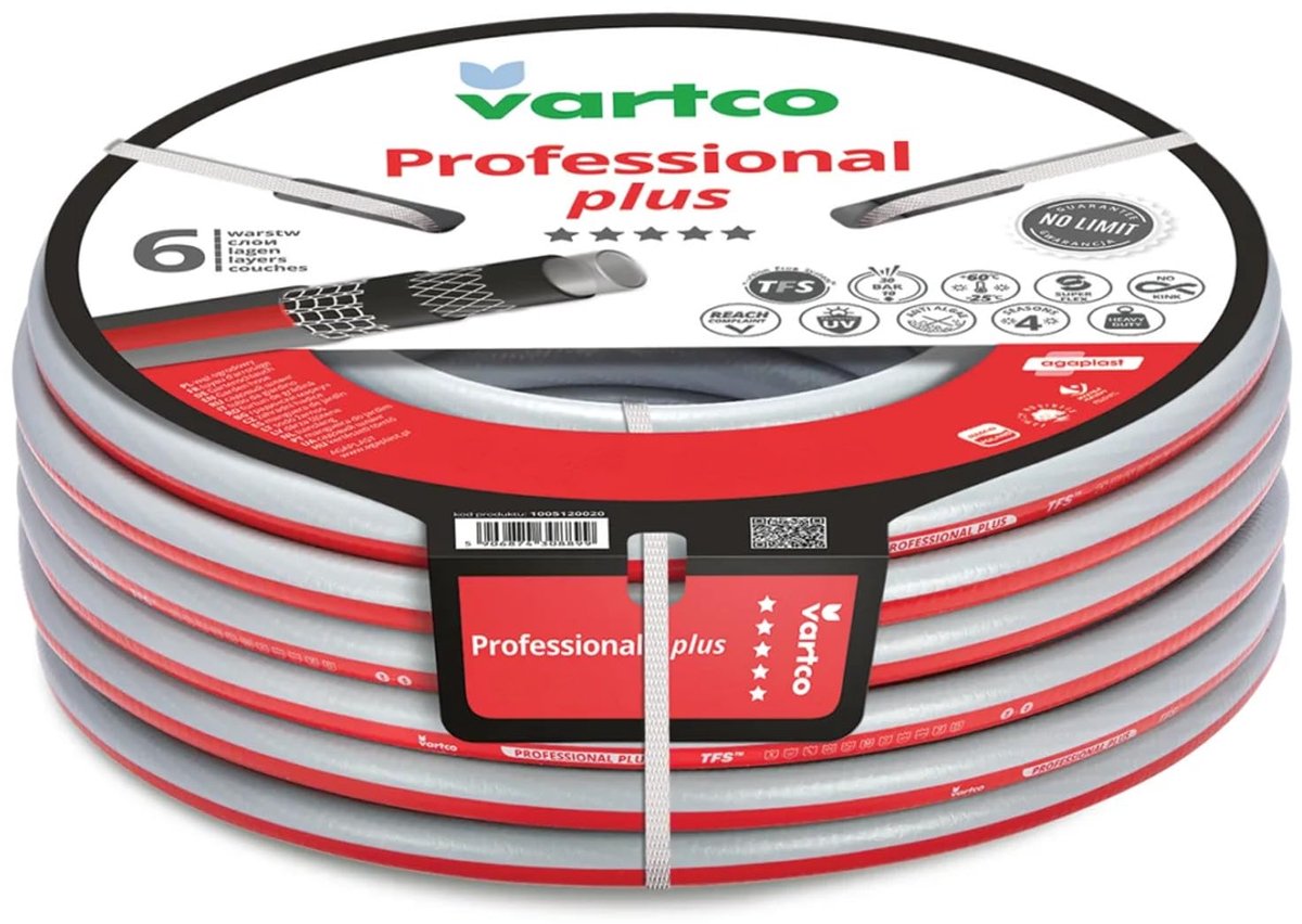 SnelShoppen - Vartco Professional Plus Tuinslang 50m - 6-laags Flexibel UV-bestendig - TFS-systeem, Levensmiddelen Geschikt, Tot 30 bar, Temperatuur -