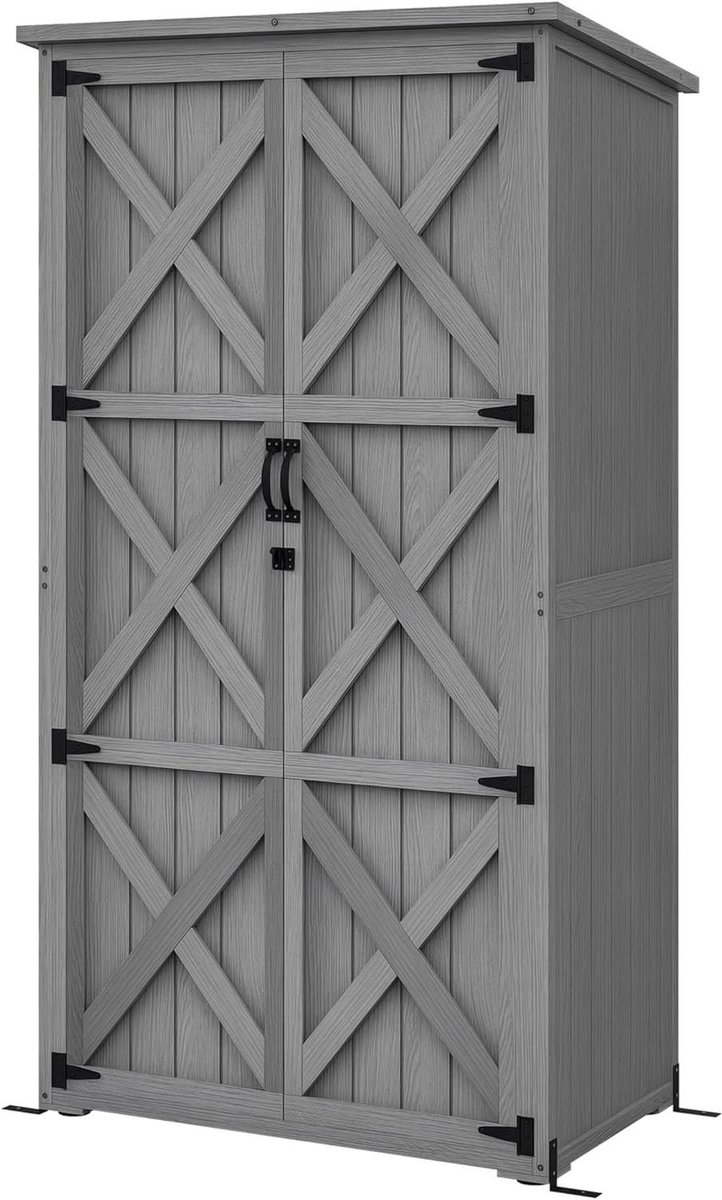 Tuinkast Hout - Tuinhuisje Opbergkast - Tuinspullen Opbergen - Schuin Bitumendak - 90 x 54.5 x 168.5 cm - Grijs