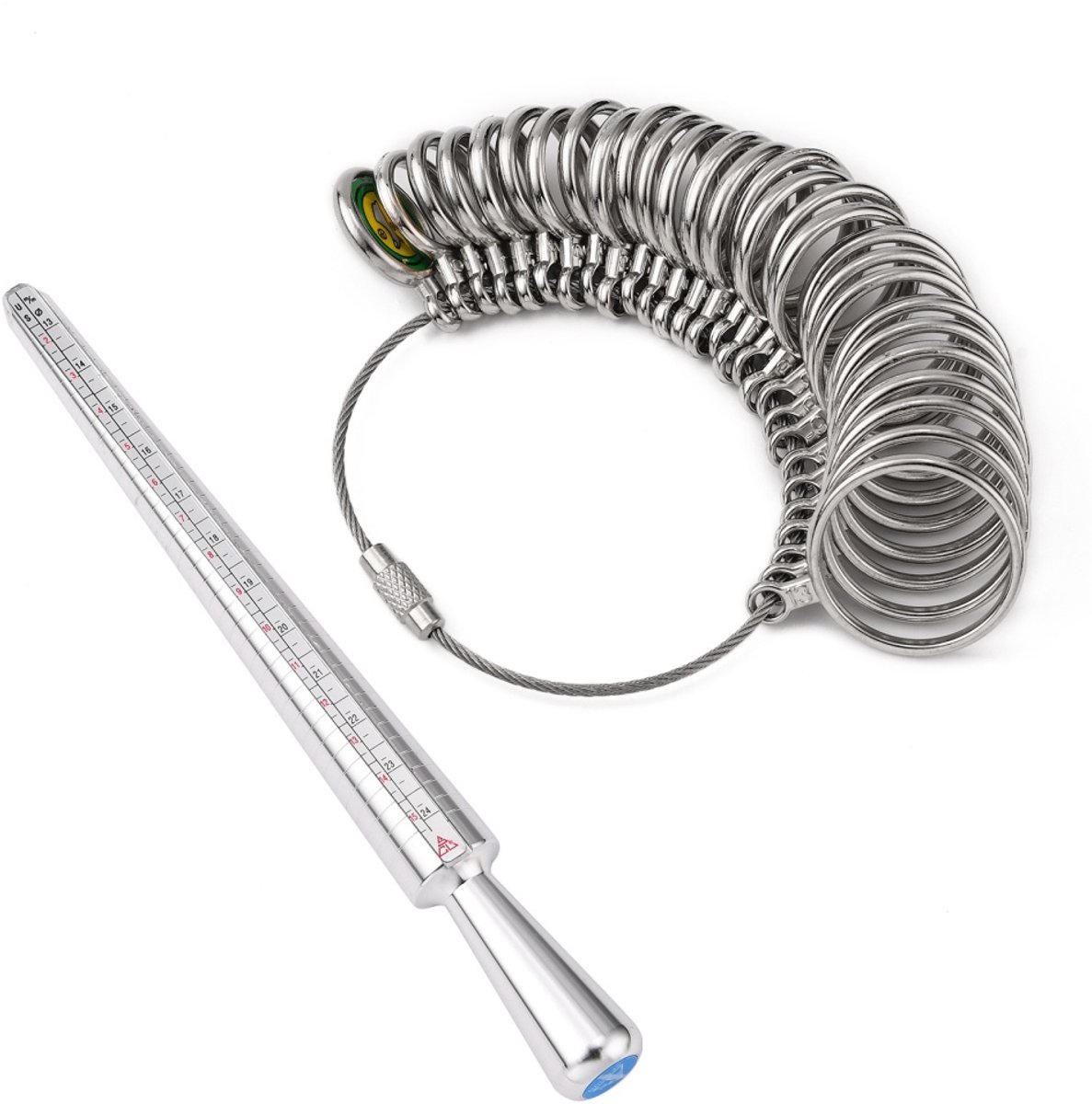 Fako Bijoux - Ringmaat Meter Set Metaal - Ring Vinger Meetgereedschap - Ring Diameter - Ringvinger - EU, US, & HK Maatvoering - Stick En Meetset 28-Delig - Zilver