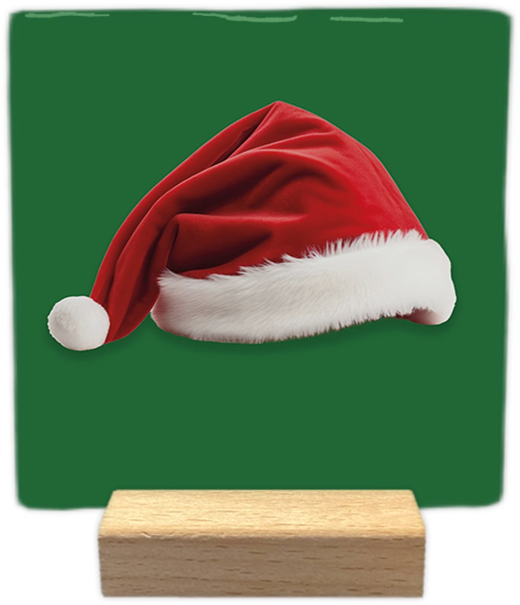 Artige Kerst decoratie tegel - Kerstmuts - keramisch - 10x10 cm - inclusief houder Groen