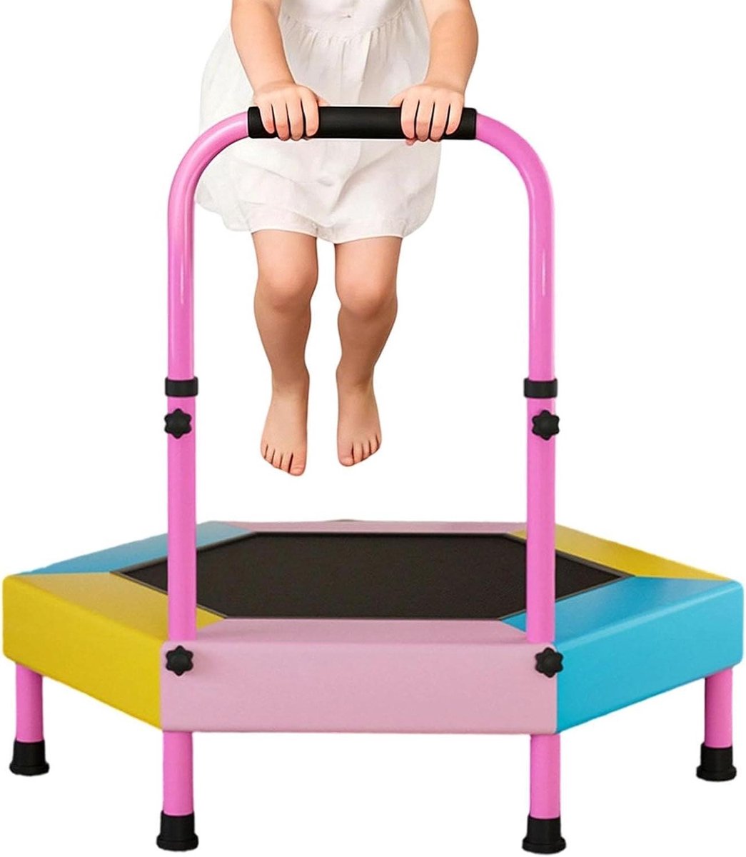 Indoor Trampoline - Kindertrampoline Springtoestel - Coördinatie Trainen - Verstelbare Handgreep - 90 cm Diameter - Roze