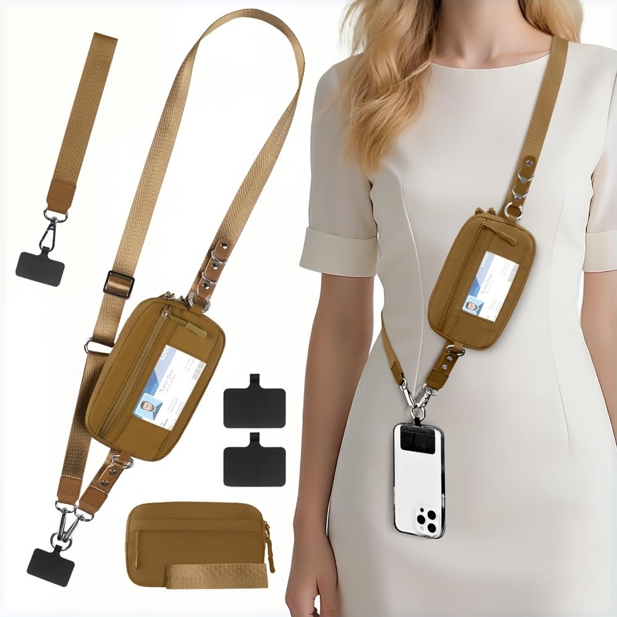 Lichtbruin Telefoonkoordtas - Met afneembare ritssluiting portemonneetje - Universele multifunctionele telefoonkoord - Verstelbare brede telefoonhoes - Antiverlies telefoon crossbody tas - Voor Reizen, dagelijks gebruik, concerten, festivals