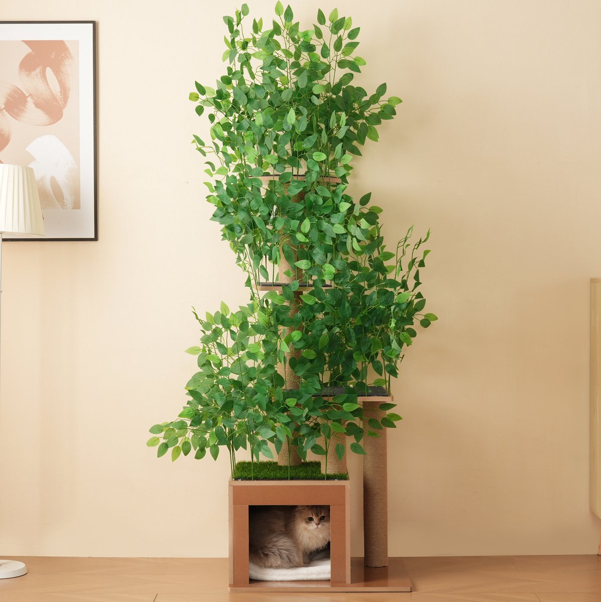 MIVRAY Krabpaal Met Boomvorm En 4 Platforms 190 Cm MDF Groen Voor Klimmen Verstoppen En Rusten Met Afneembare Bladeren En Anti Kantelbeveiliging