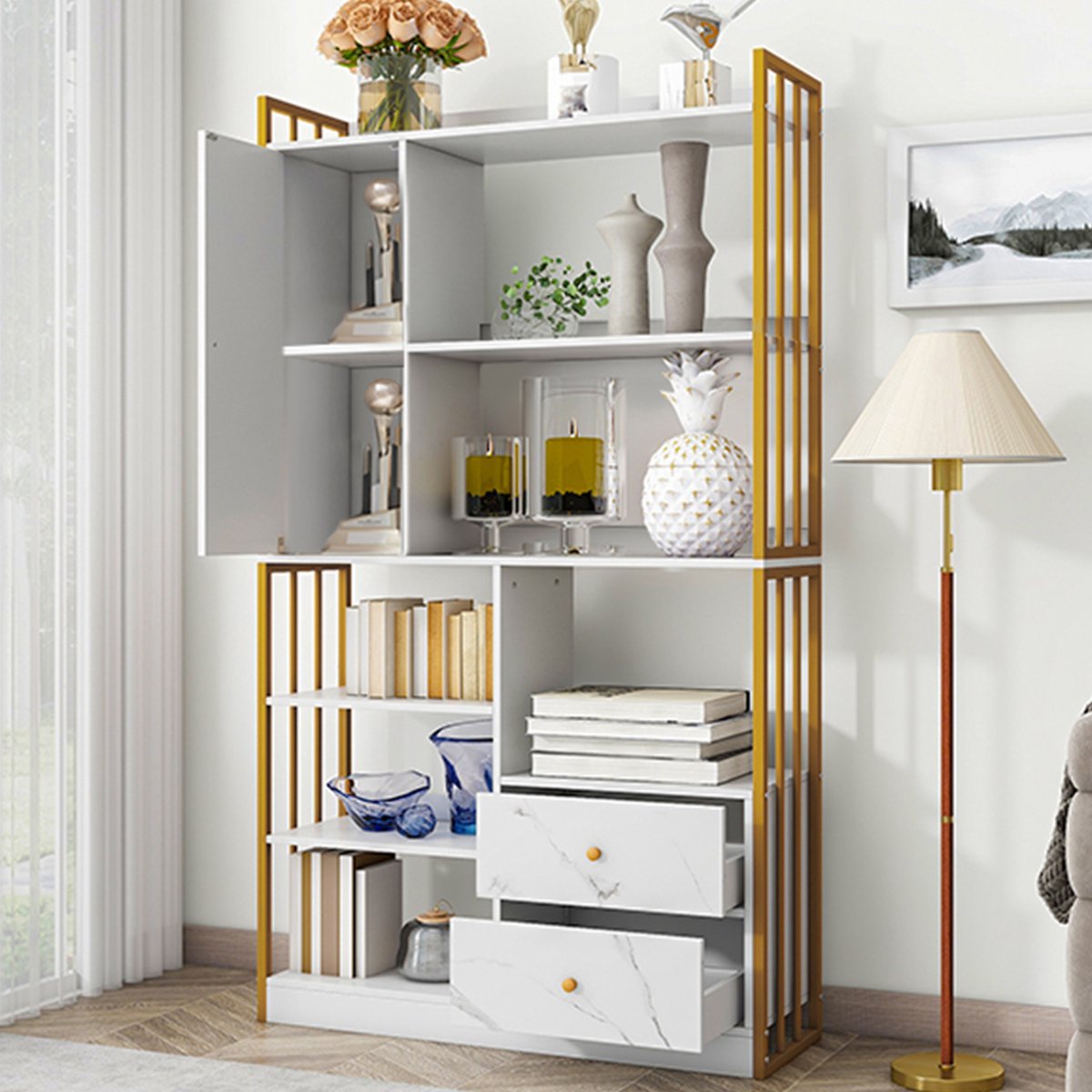MIVRAY Boekenkast Industrieel 100 x 30 x 173,5 cm Spaanplaat Goud Wit Met 6 Vakken Deuren