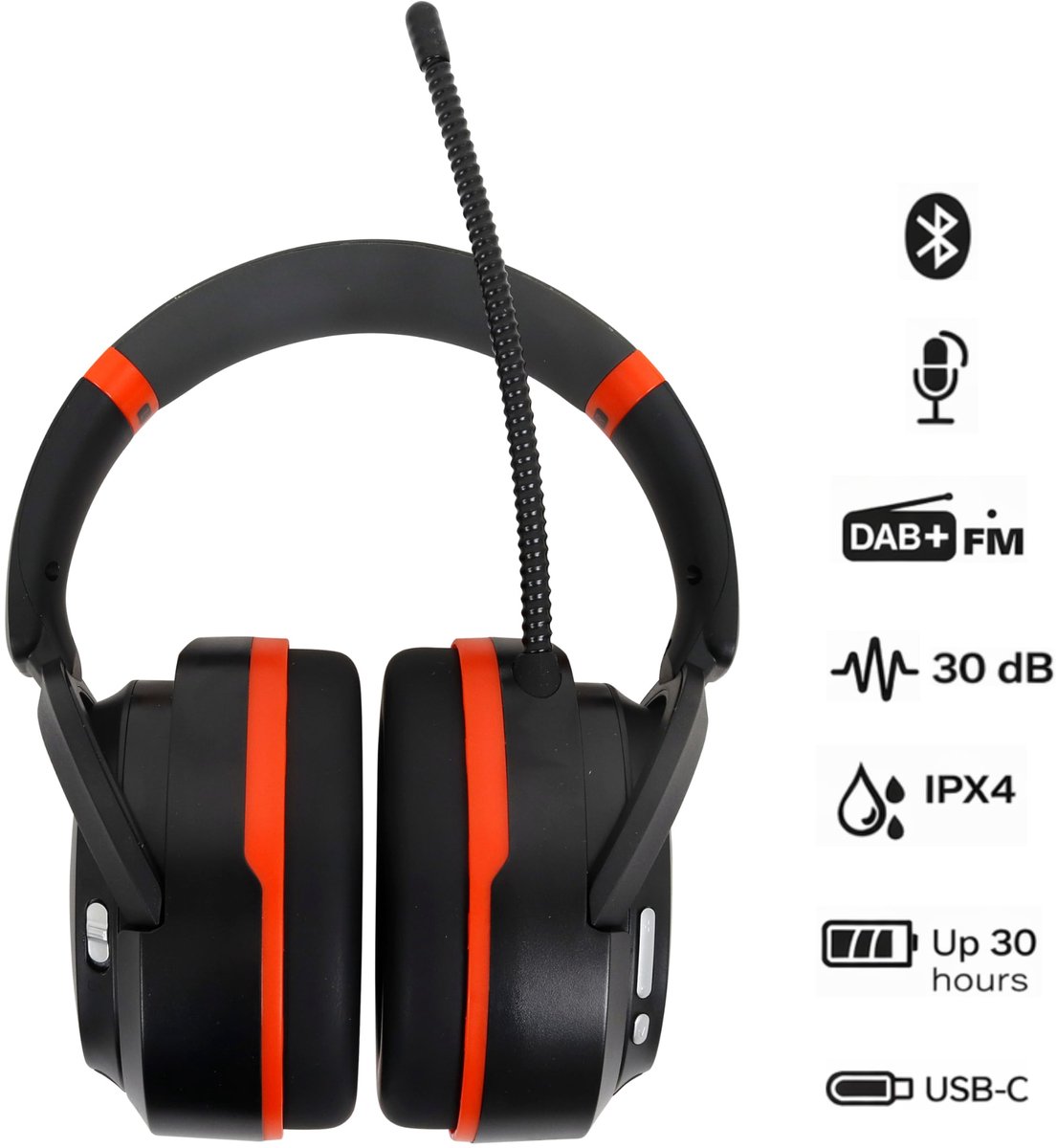 SnelShoppen - Elektronische Gehoorbescherming met Bluetooth 5.3, DAB/FM-radio, Omgevingsmodus, 30 dB SNR, 30 uur Accu, USB-C, IPX4 - Ideaal voor Tuin,