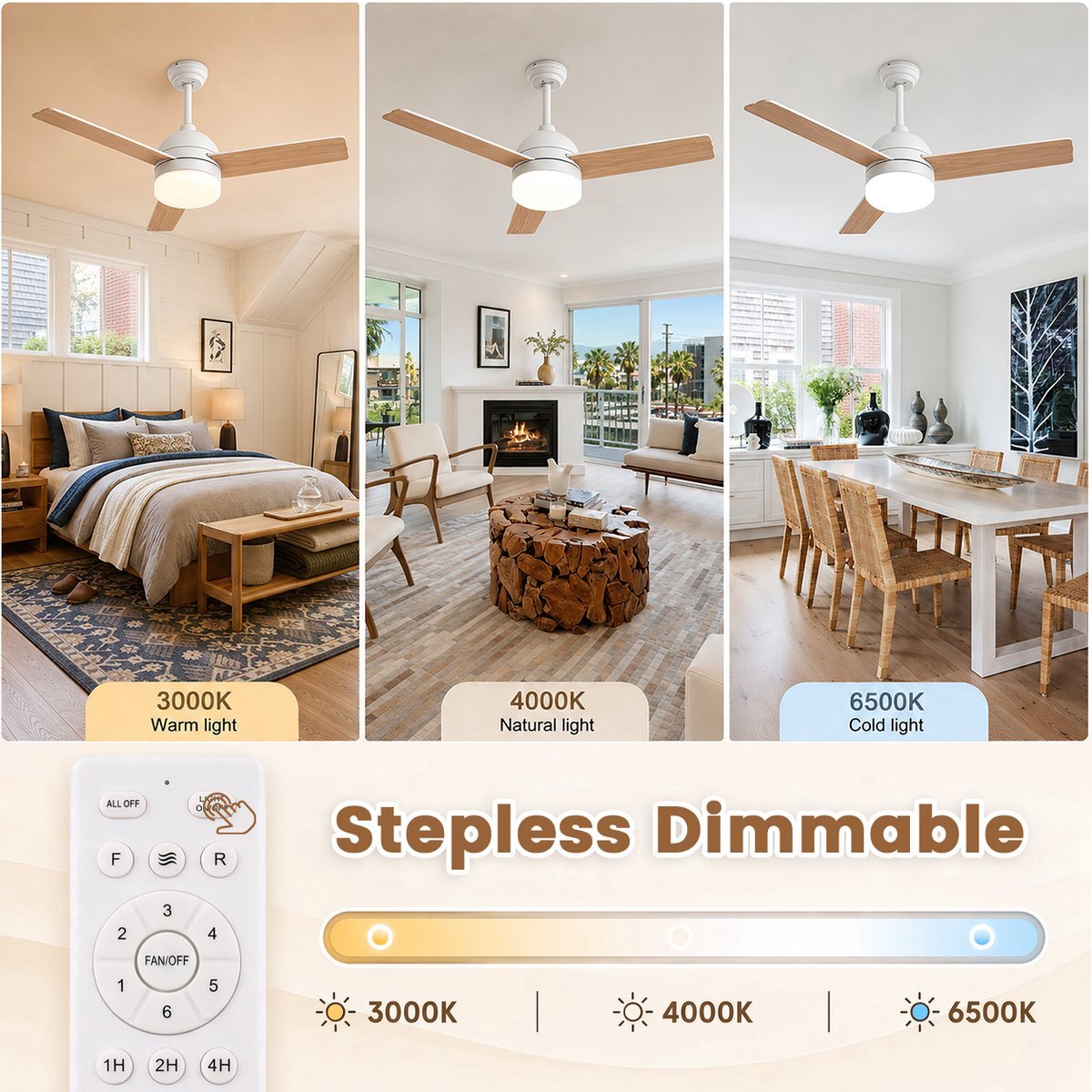 Plafondventilator 3 blad Ø105cm hout - stille ventilator – top kwaliteit - energie zuinig -met remote - ventilator voor laag plafond - 6 snelheden – beste alternatief voor airco - zomer en winter stand – houten ventilator – foto 2