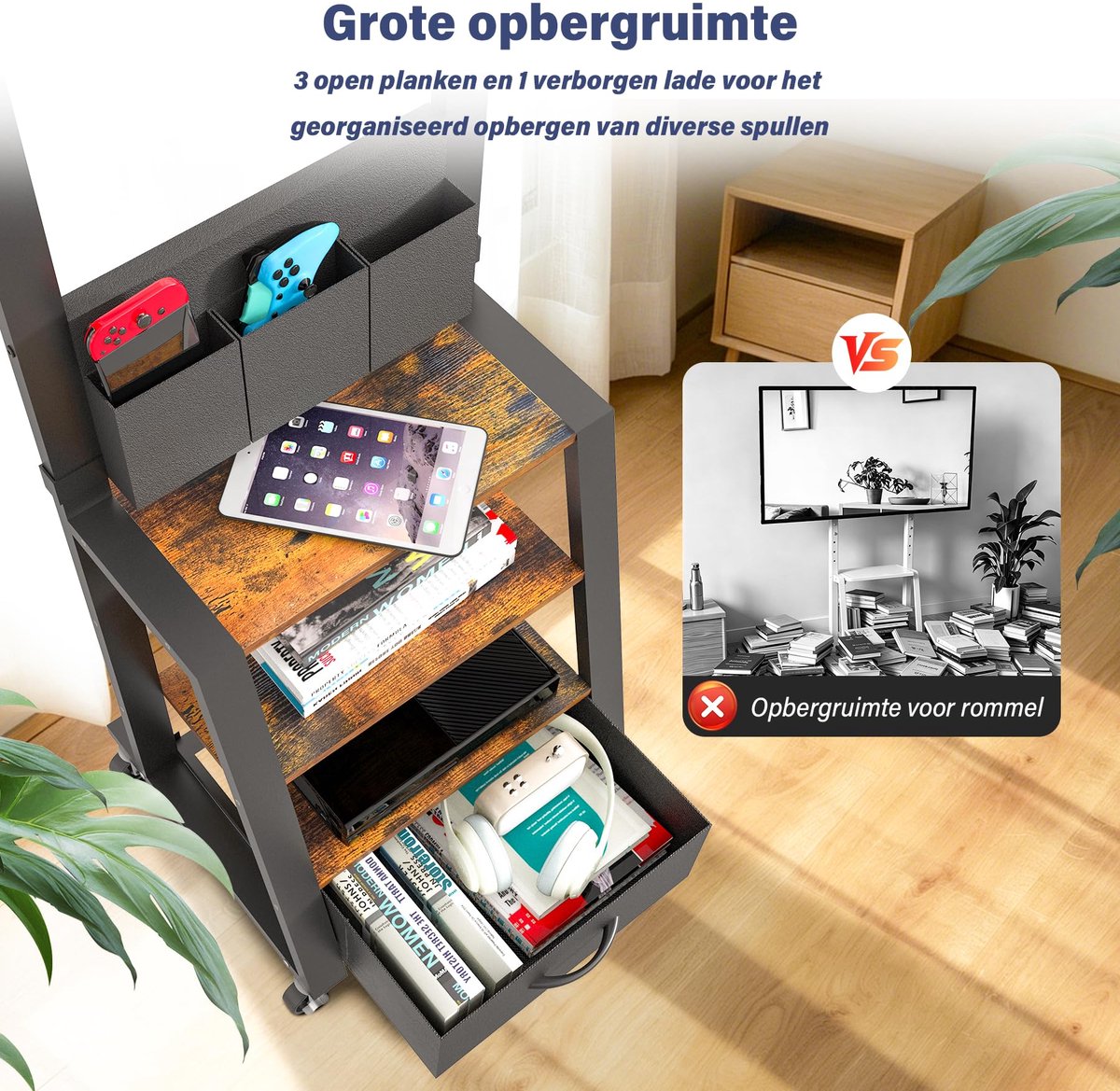SnelShoppen - Verrijdbaar TV-meubel met Lade en 3 Opbergvakken voor 23"-60" TV's tot 72kg, Hoogte Verstelbaar en Wielen voor Thuis, Kantoor en Buiten,