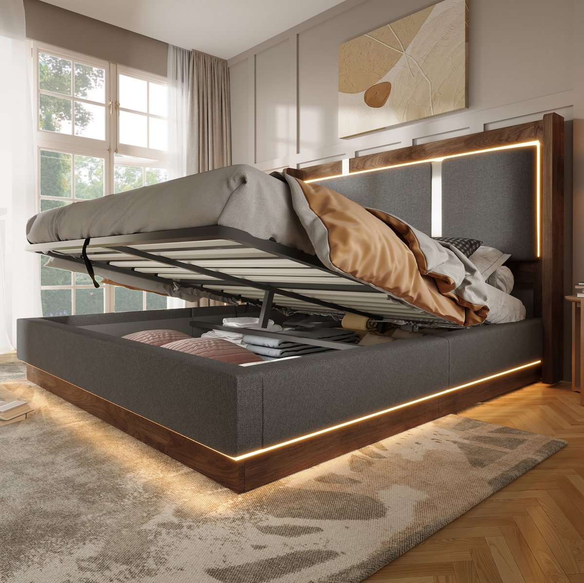 MODFU Bed - LED En Opbergruimte - Retro - Stof Hout Metaal - Grijs Walnoot - 180x200 Cm