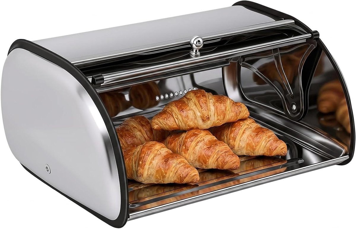 Metalen Broodtrommel - Brooddoos RVS - Brood Vers Houden - Met Kijkvenster - 34 x 23 x 14.5 cm - Zilver