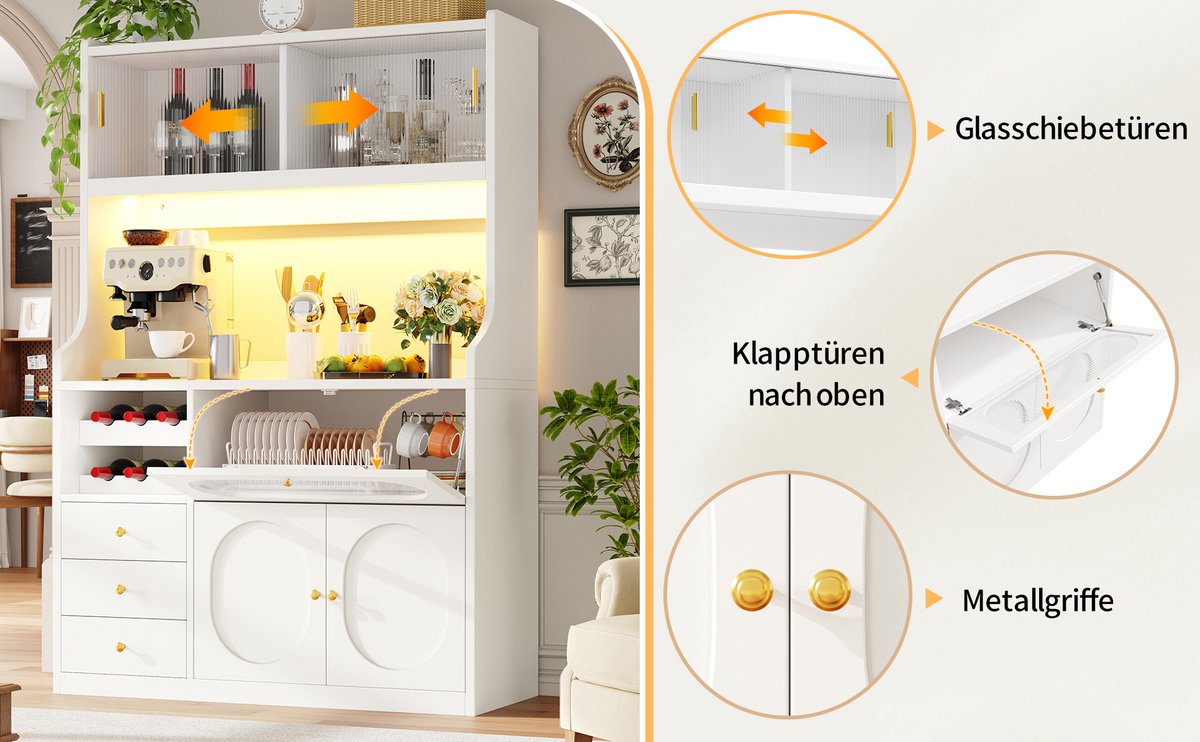 Wijnkast Met RGB Led En App Bediening - Glazen Schuifdeuren, Opklapdeuren En 3 Laden - Voor Keuken En Eetkamer - Wit - 120x40x180 Cm