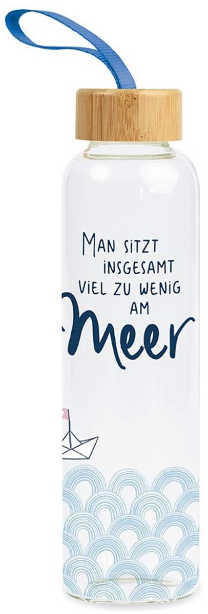 SnelShoppen - Drinkfles van glas met grappige spreuk | Handvat lus | 550 ml | Zee | Duurzaam, Lekvrij, Perfect voor Thuis, Camping, Sport en Kinderen