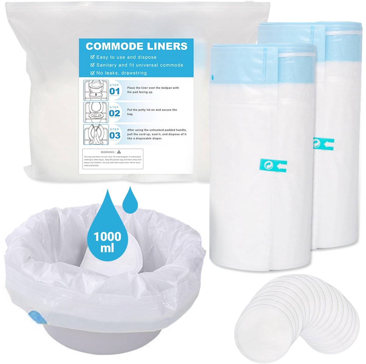 SnelShoppen - Commodevoeringen met absorberende pad 80-pack - Draagbare toiletzakken voor volwassenen - Wegwerp afvalzakken - Universele pasvorm voor