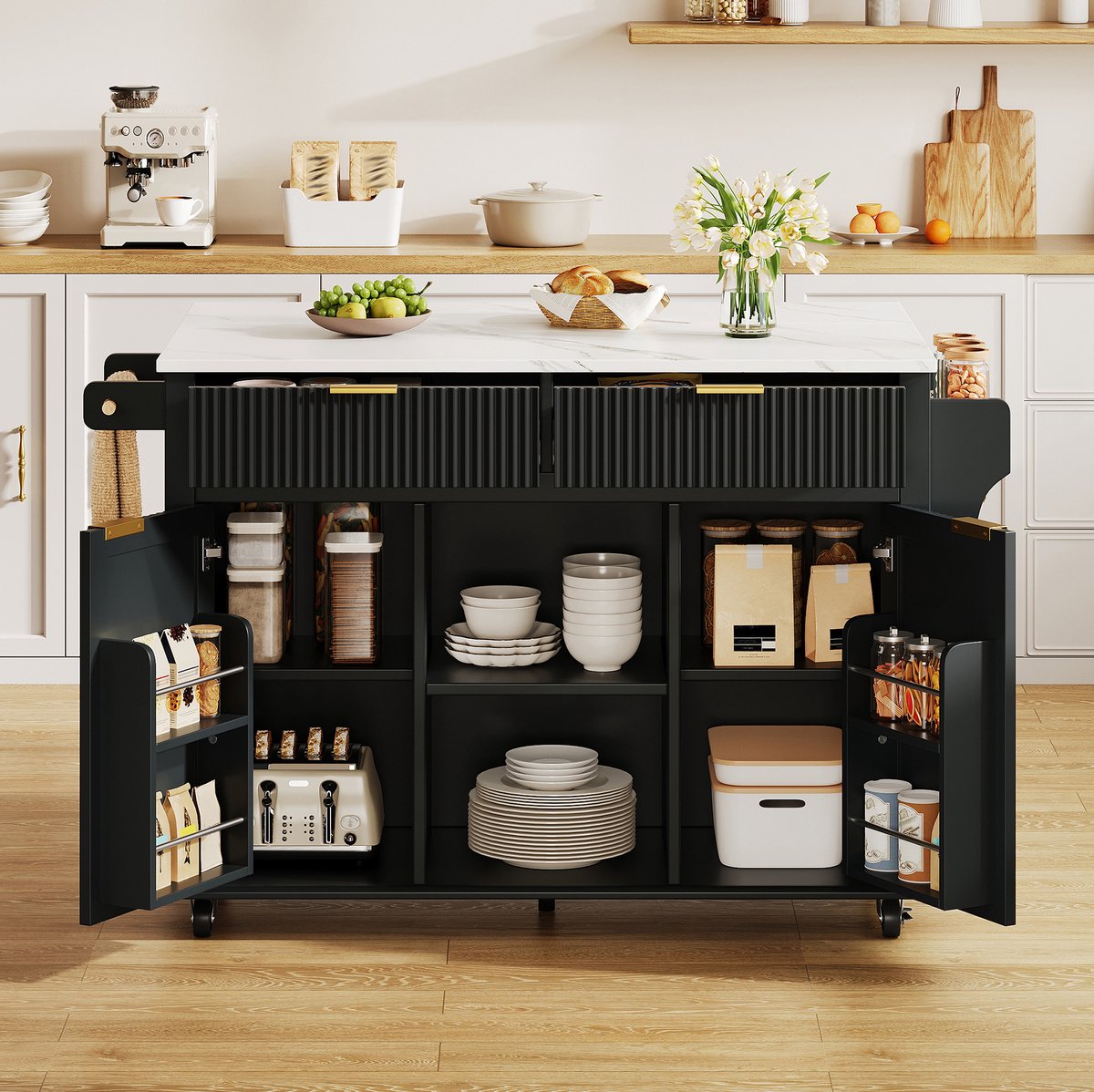 Keukenkast Op Wielen - Klapbaar Werkblad En Veel Opbergruimte - Voor Keuken En Eetkamer - MDF - Zwart En Natuurhout - 143 X 69 X 89,5 Cm