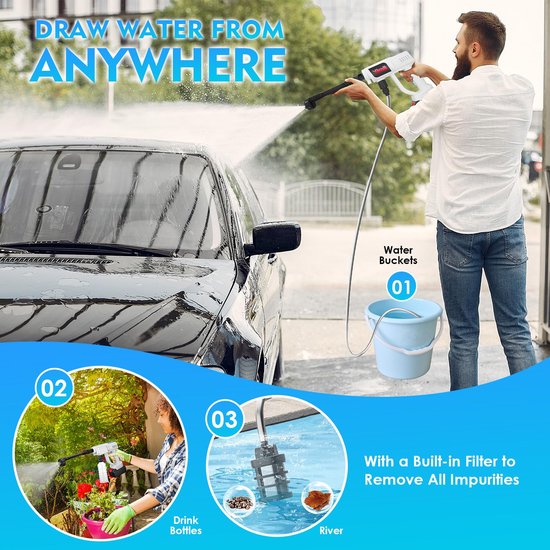 SnelShoppen - Mobiele Draadloze Accu Hogedrukreiniger - 2 Accu's, 6-in-1 Verstelbare 180° Spuitmond, 5M Slang & Filterketel - Perfect voor Auto, Terra van Snelshoppen — afbeelding 4