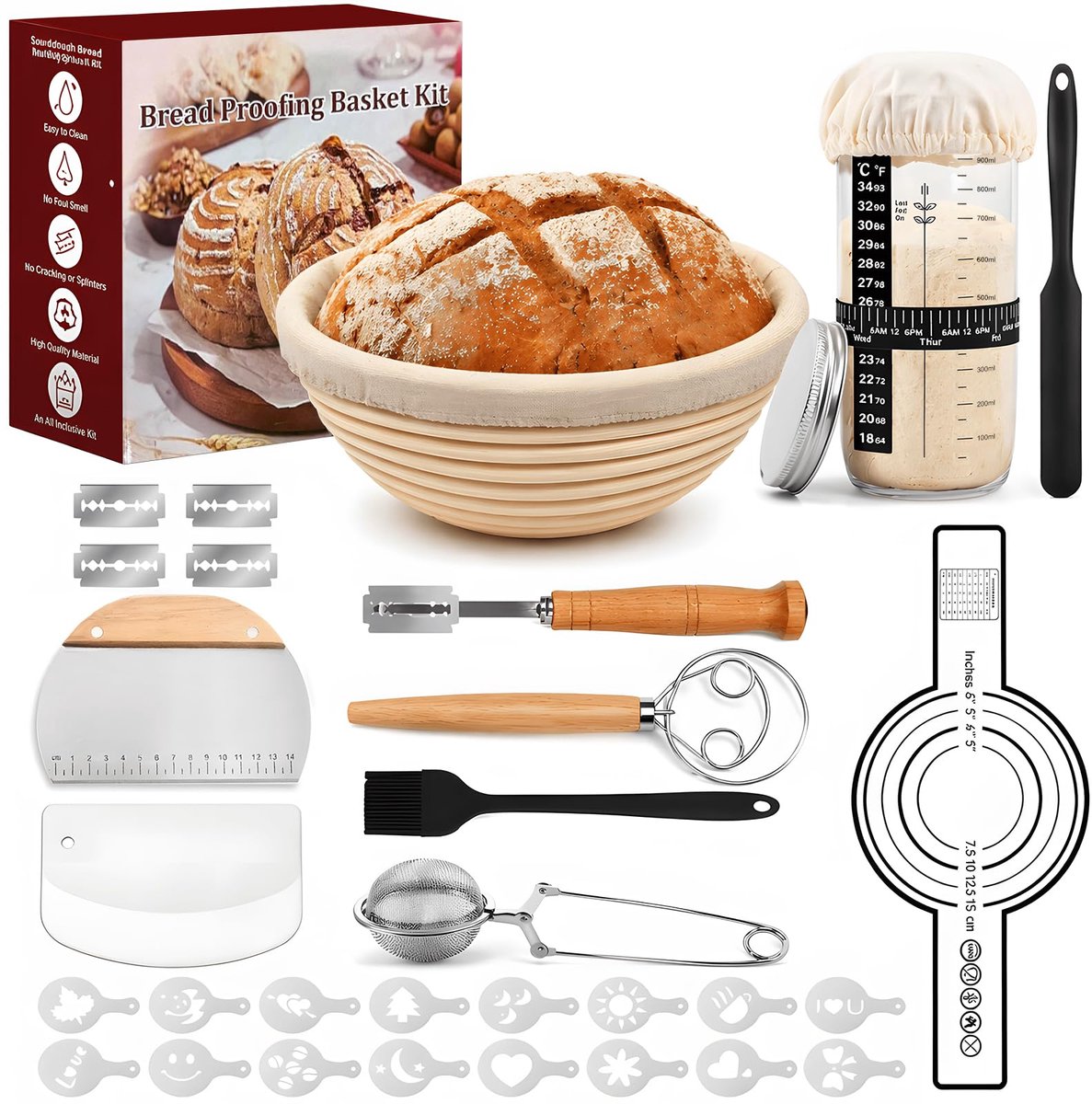 SnelShoppen - Broodbakmand Starterset 23 cm Rond Rijsmandje met Deegklopper, Broodlame, Starter Pot en Accessoires voor Thuis Bakken in de Keuken