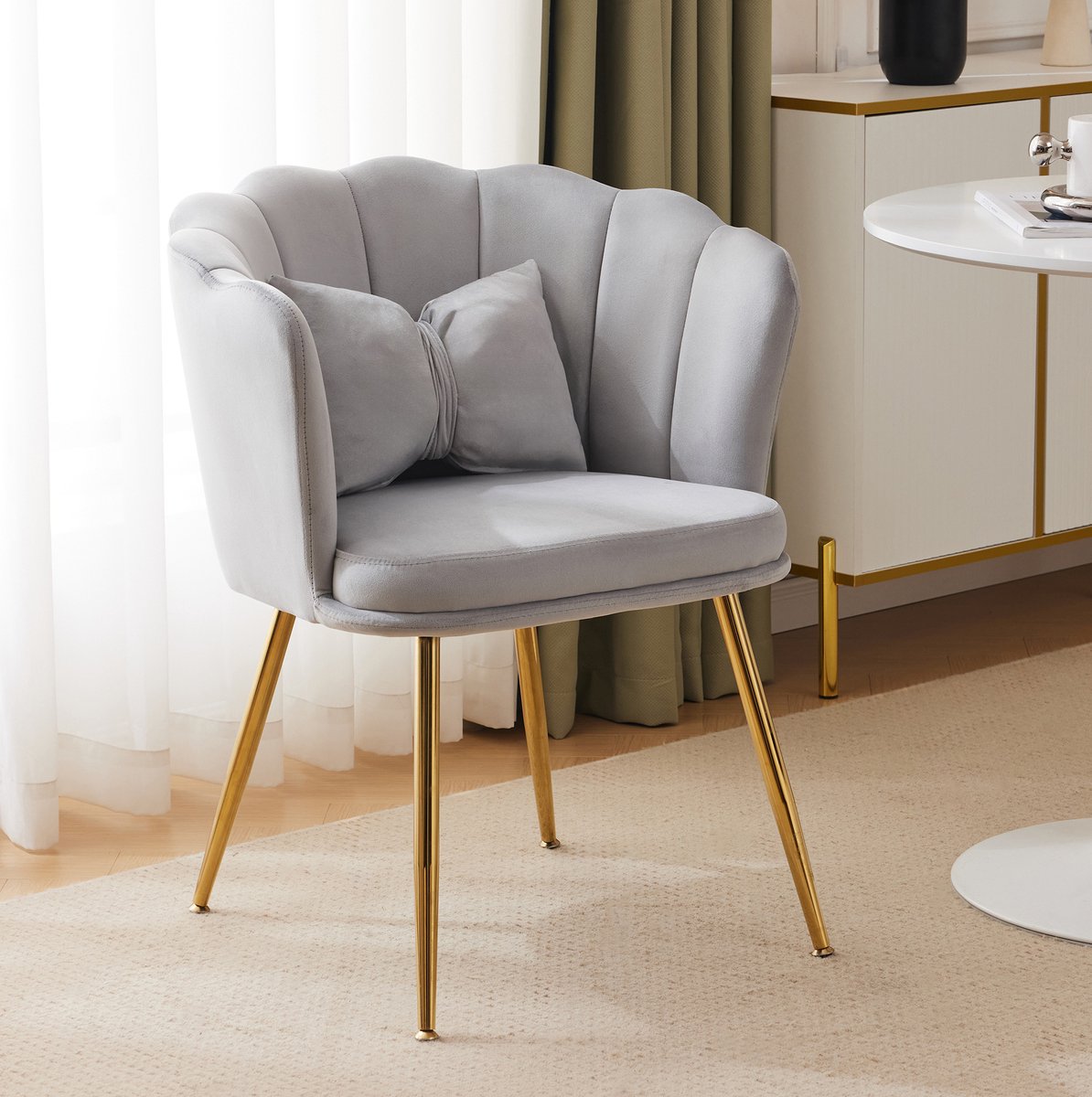 COVREO Fauteuil 63 x 58 x 77 cm - grijs velvet, gouden metalen poten, met kussen