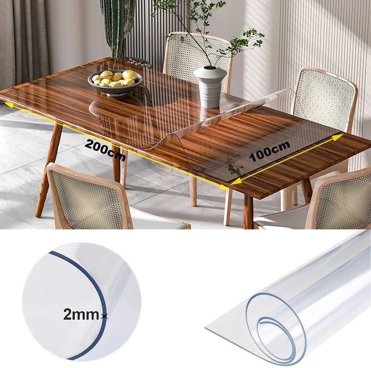 SnelShoppen - Nisorpa Clear PVC Tafelbeschermer 200x100 cm - Transparant Waterdicht Oliebestendig Tafelhoes voor Keuken Eetkamer - Rechthoekig Plastic