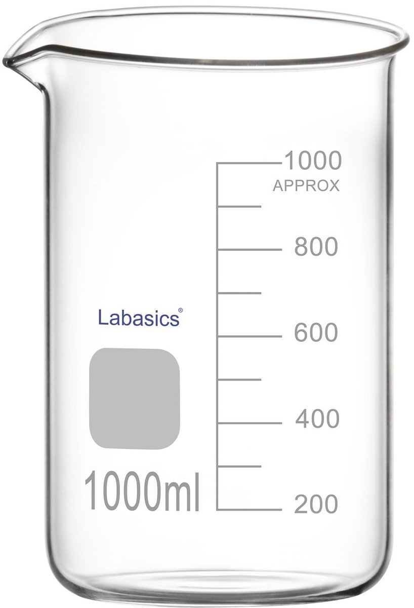 SnelShoppen - Labasics Glazen Bekers - Borosilicaatglas - Gegradueerd - Diepe Vorm - Met Schenktuit - 1000 ml - Hittebestendig - Voor Laboratoriumgebr