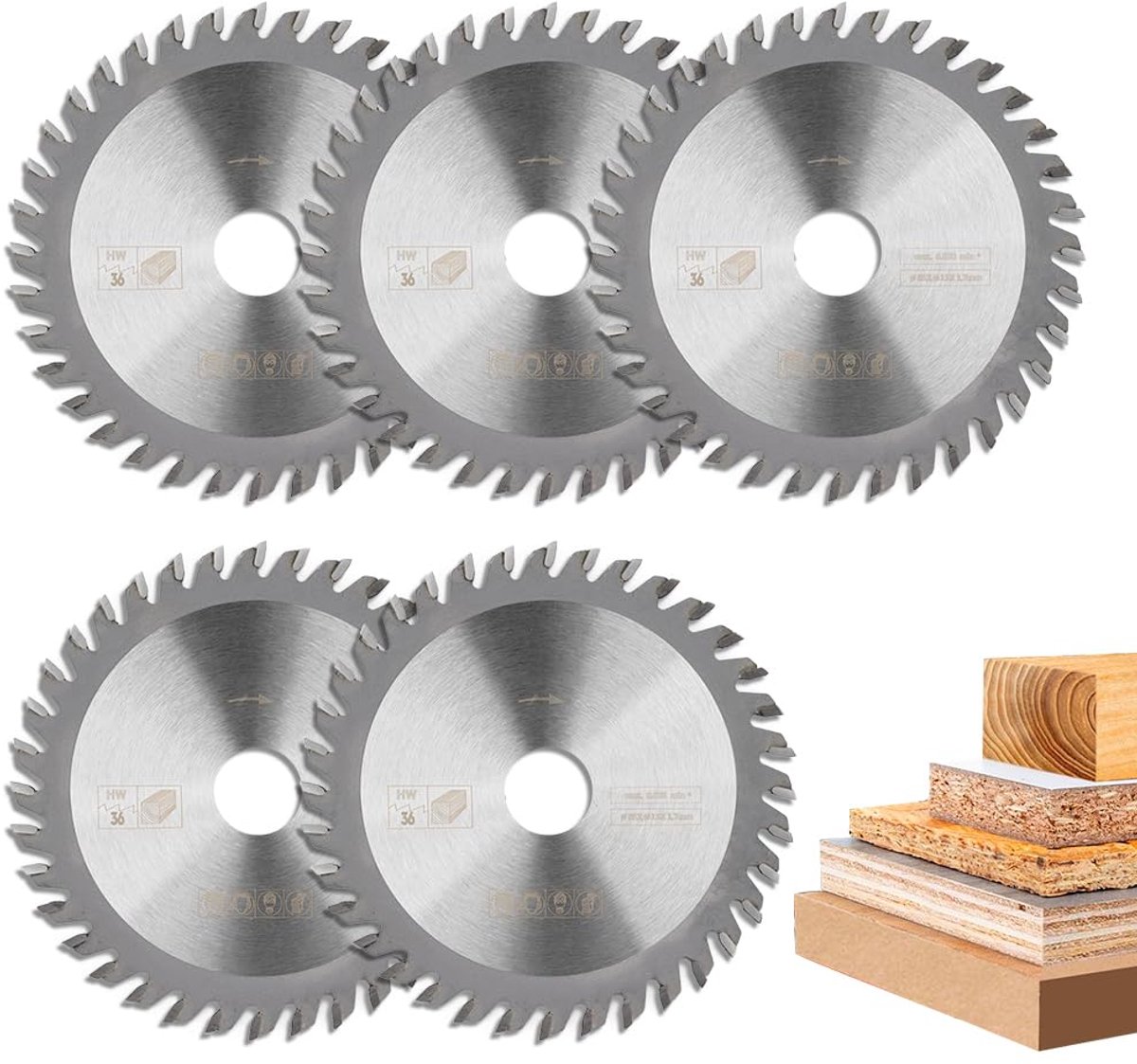 SnelShoppen - Cirkelzaagbladen 5 stuks Ø 85 x 15 mm, 36 tanden, Hout, Hardmetaal, Mini-Handcirkelzaag, TCT Snijden, Wisseltanden, Houten Cirkelzaagbla